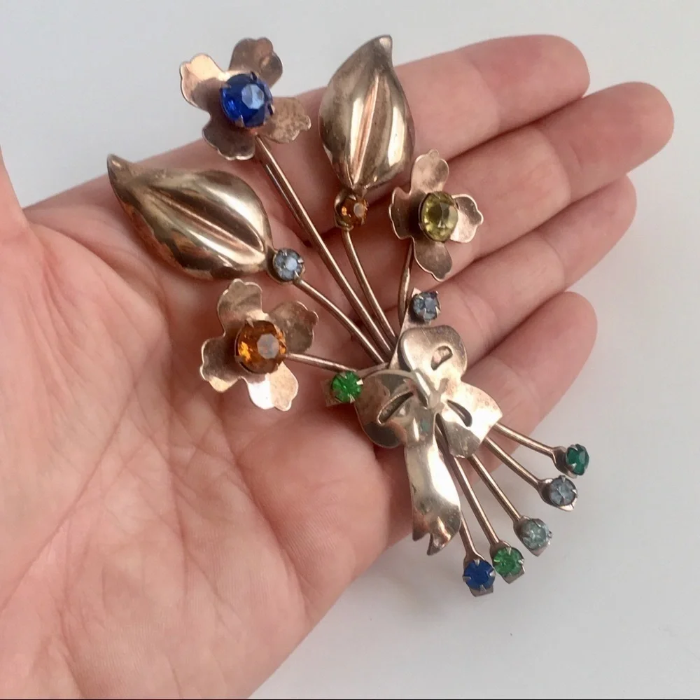Art Deco Gold Vermeil Brooch‎ Sterling Silver Flower Spray Pin Floral Rhinestone